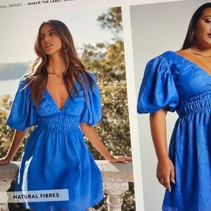 AMALIE THE LABEL - KHAILA LINEN PLUNGE PUFF SLEEVE MINI DRESS IN AZURE BLUE
